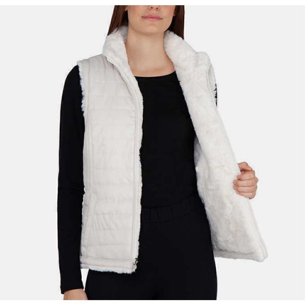Nicole Miller Vest Womens Medium Cream Reversible Quilted Puffer Faux Fur Off Wh